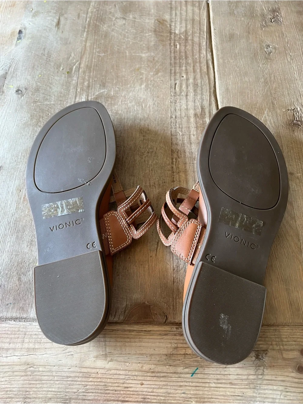 Vionic Tan Brown T-Strap Leather Slide Sandals - Picture 8 of 11